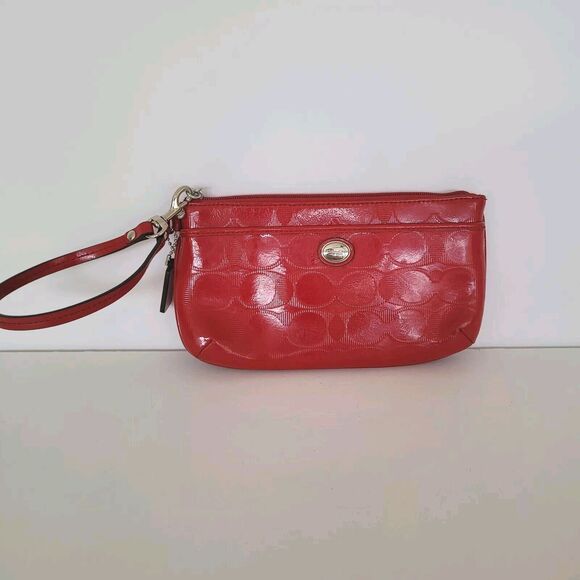 Coach Red Wallet Wristlet Clutch 8x4 Zip Pouch Phone Patent Leather Signature - Picture 1 of 13